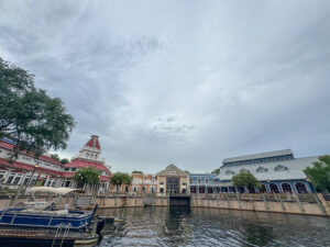 A dock view of Port Orleans Riverside, including the entrance to Boatwright's Dining Hall.