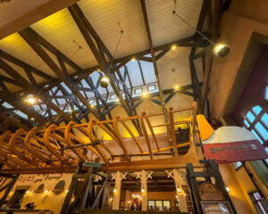 The interior of Boatwright's Dining Hall - look up at the boat frame!